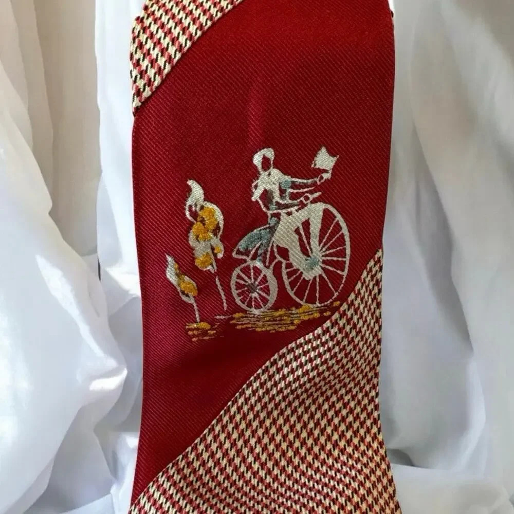 Vintage 1940s Red Houndstooth Necktie with Woman on Bicycle Design